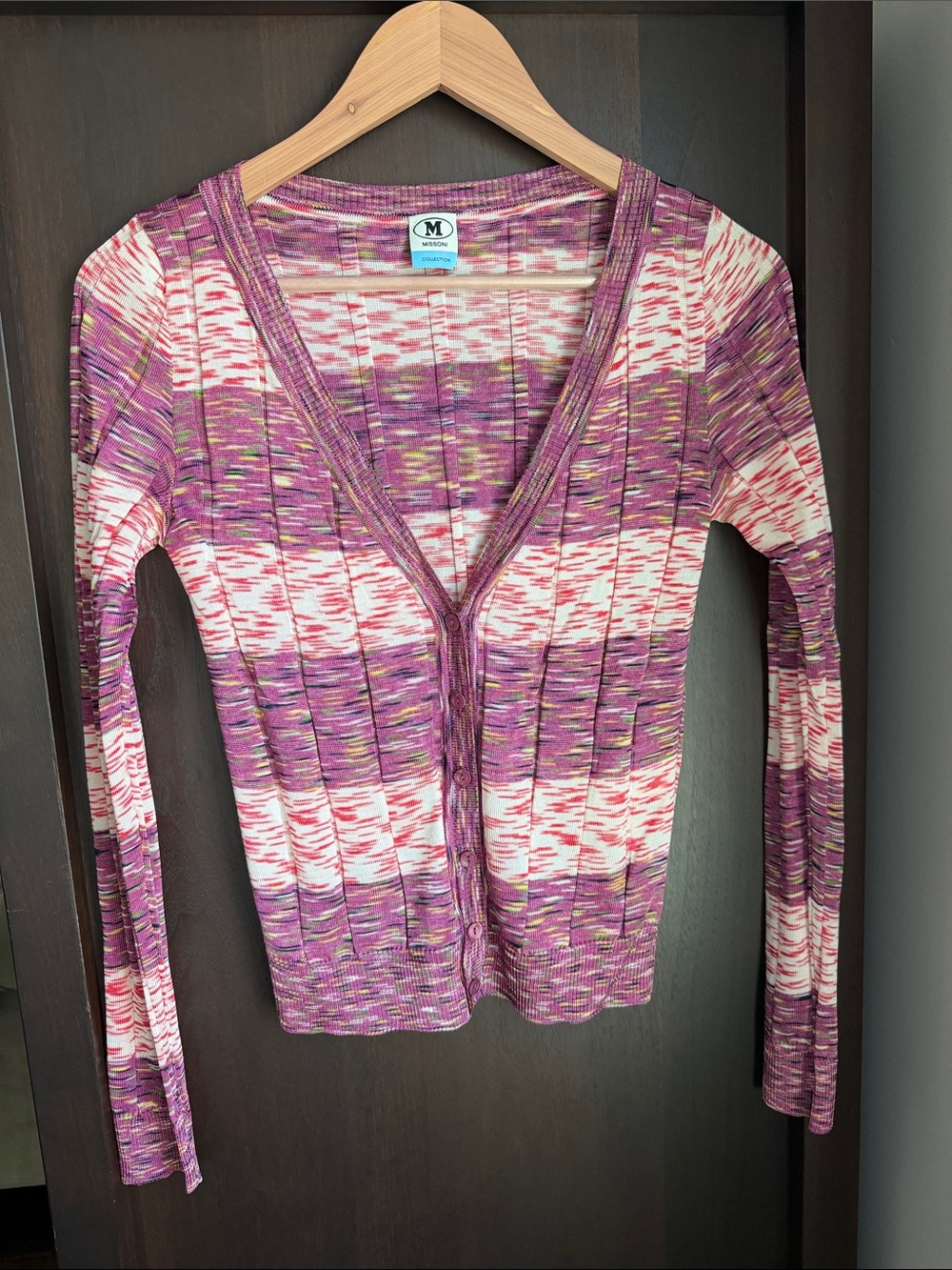 M by Missoni Pink Purple Multicolor V-Neck Ribbed Cardigan